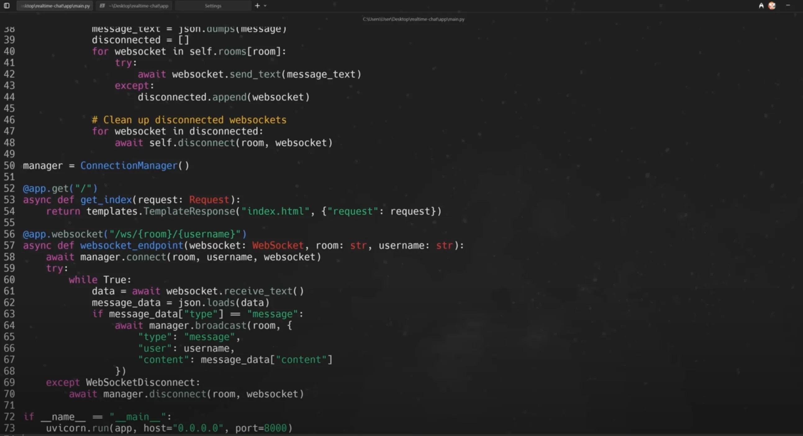Editing main.py directly in Warp's built-in code editor